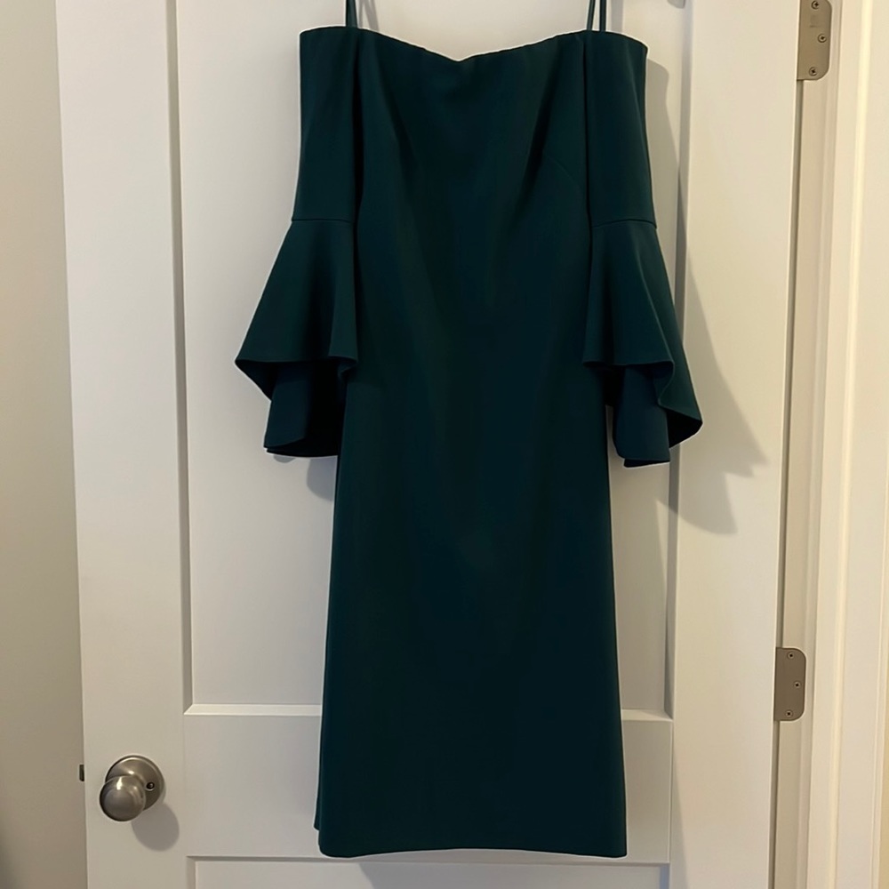 Emerald green, off the shoulder dress